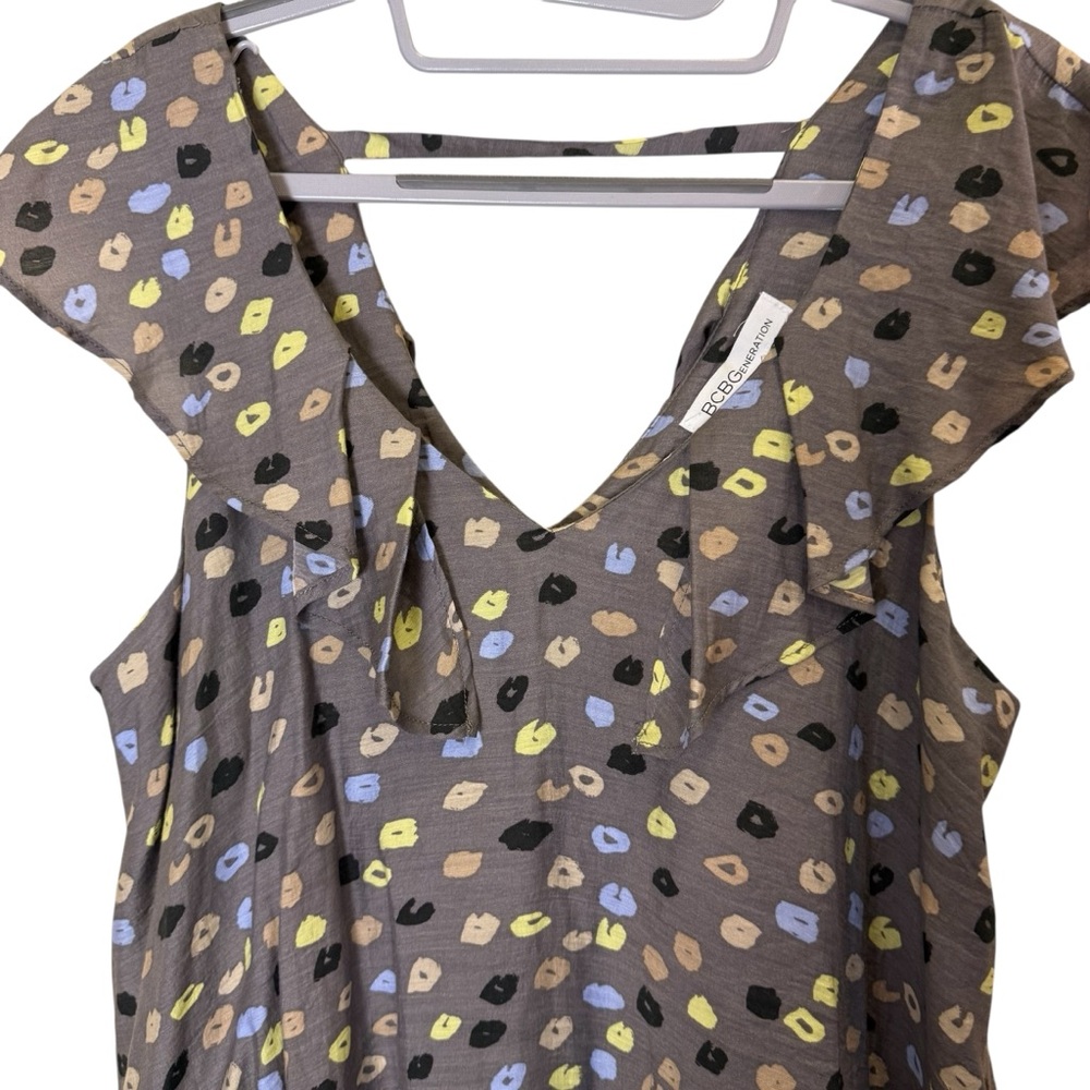BCBG Women’s Pebblestone Abstract Gray Print Crepe Ruffle Open Back sz M